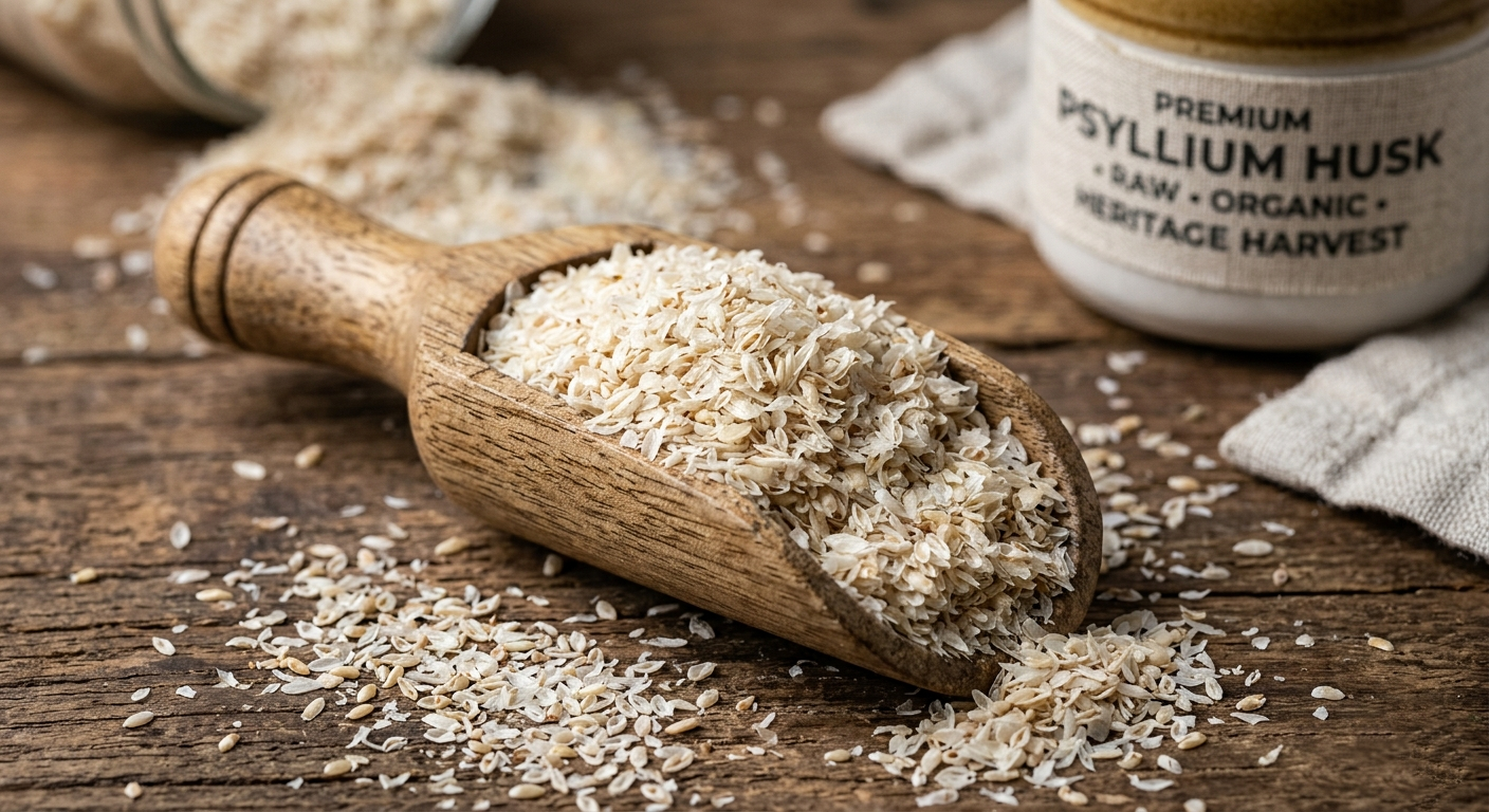 Premium psyllium husk on wooden scoop